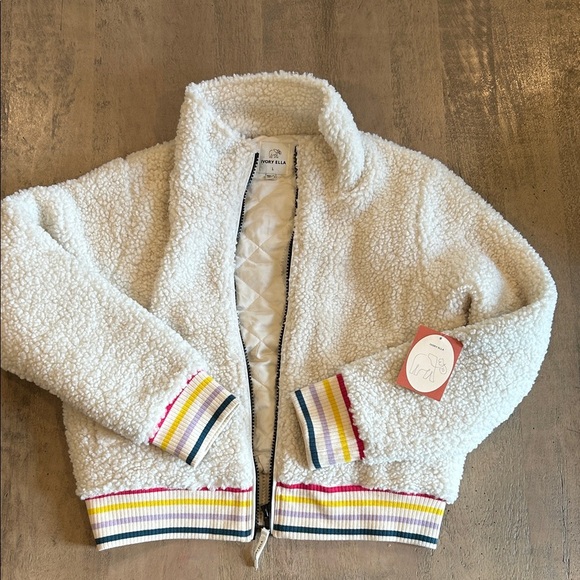 ivory ella Jackets & Blazers - Ivory Ella White Sherpa Jacket with Striped Cuffs